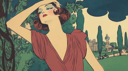lady in the park, art deco, chill, relax, elegant