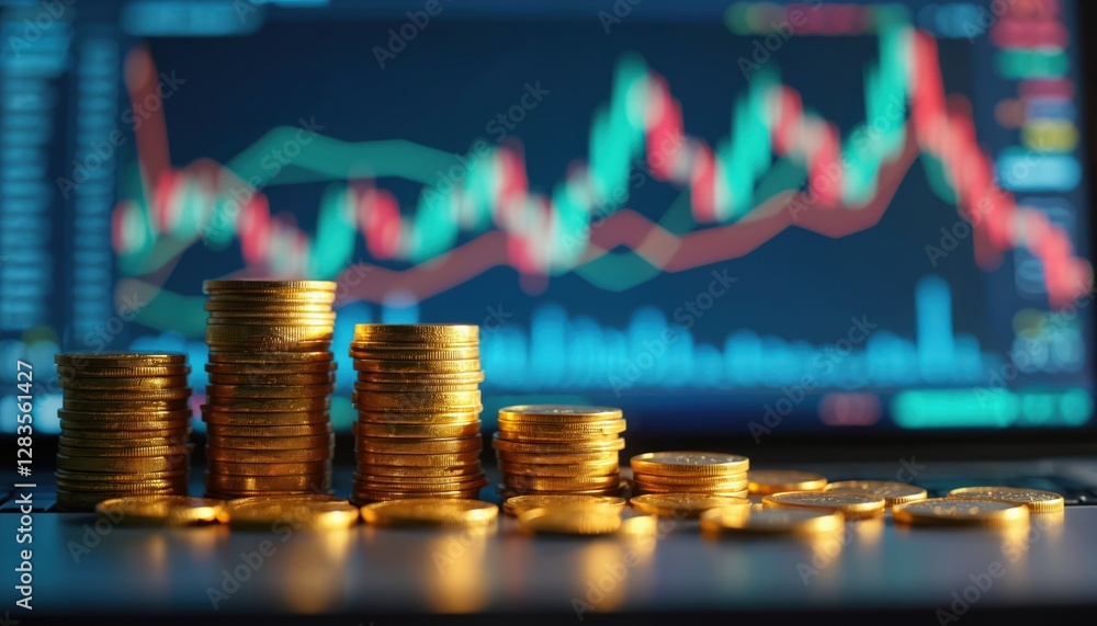 Poster stacks of gold coins in front of computer screen displaying dynamic graphs. concept of prosperous di