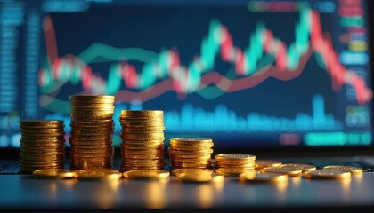 Stacks of gold coins in front of computer screen displaying dynamic graphs. Concept of prosperous digital economy, success, investment opportunities, market trends, financial data analysis and wealth.