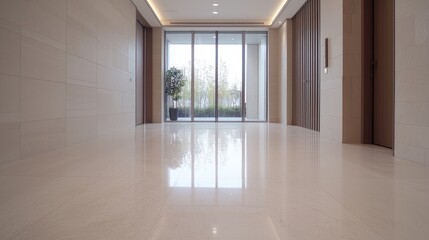 Fototapeta premium Polished marble floor reflects natural light in a modern empty building lobby with glass doors.