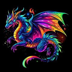 Magical Dragon in Cosmic Dance: A vibrant and mythical dragon soars across a starry backdrop, its iridescent scales shimmering with a kaleidoscope of colors.