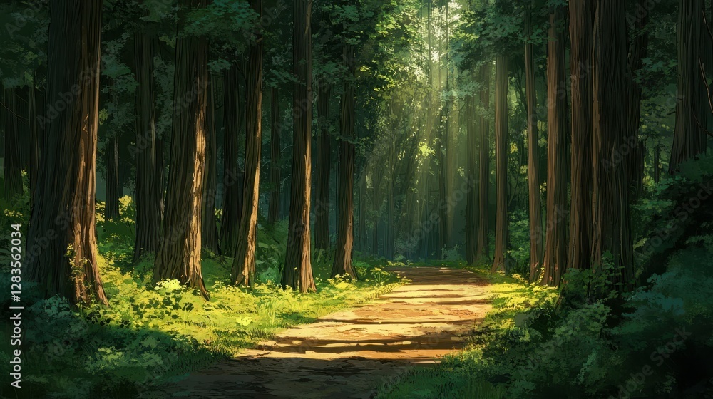 Poster sunlight illuminating a serene forest path amidst towering trees