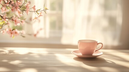 Fototapeta premium Soft Morning Sunlight Illuminates a Pink Cup Beside Delicate Pink Blossoms on a Wooden Table
