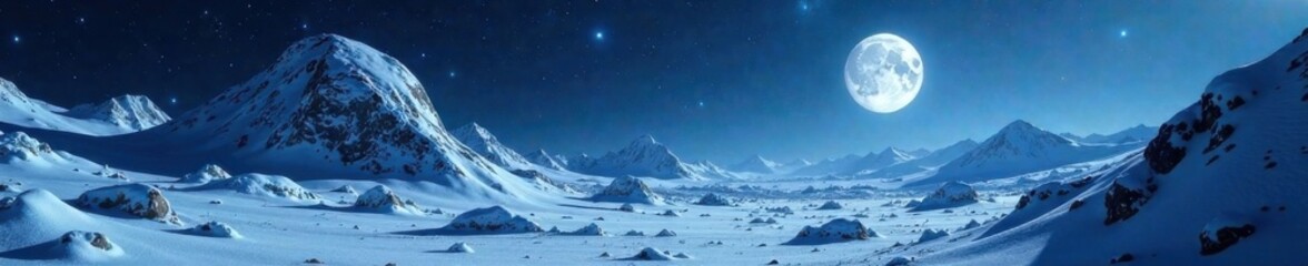 Frozen asteroid with snow-covered surface, starry night sky, dim moonlight, moon, celestial, frozen