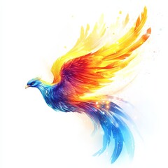 Obraz premium Phoenix Rising: A majestic phoenix takes flight, its feathers ablaze with fiery hues of gold, orange, and blue, symbolizing rebirth and renewal.