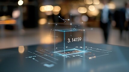 Celebrating National Pi Day with a Hologram Display in a High-Tech City Highlighting the Magic of Pi and Mathematics