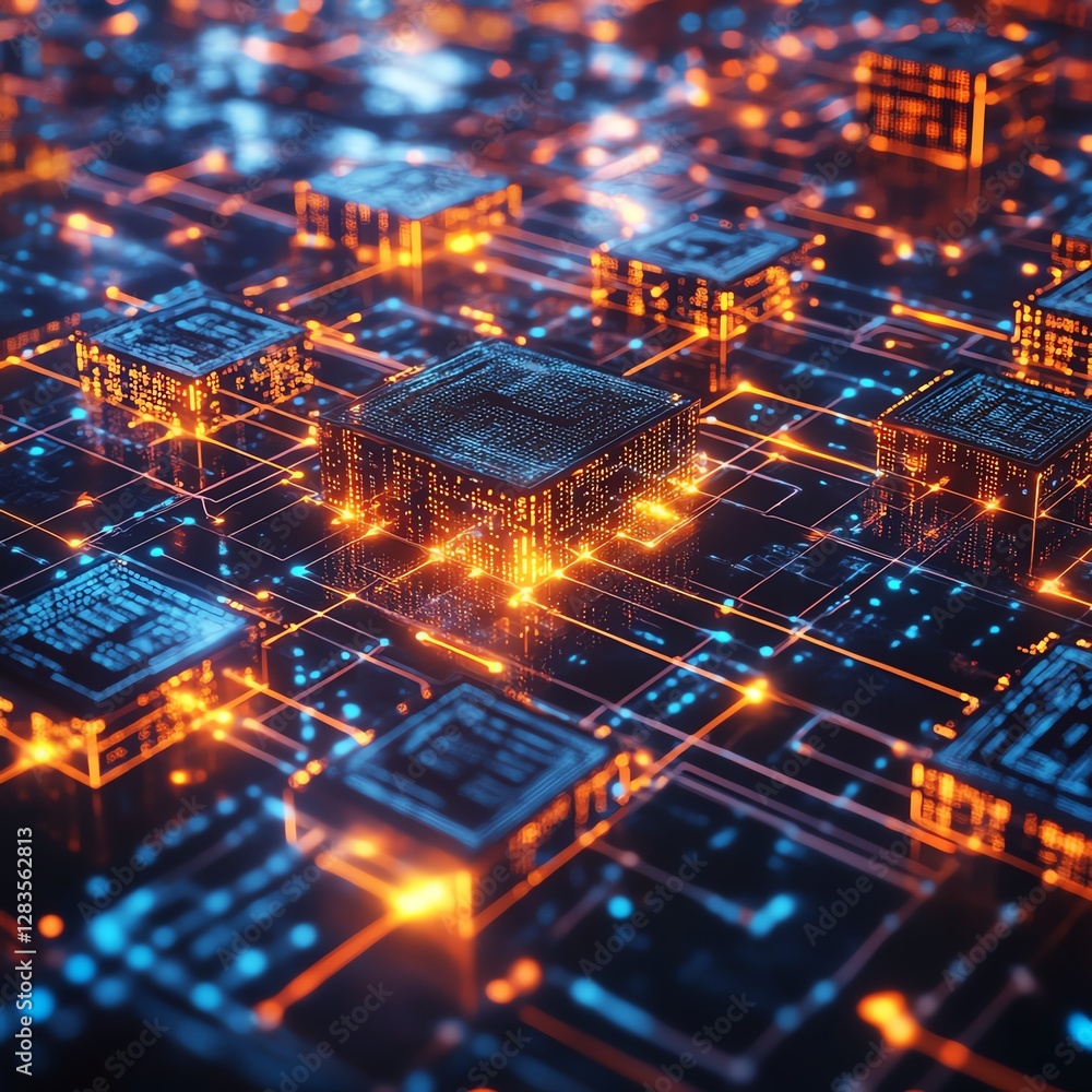 Poster digital circuit board with glowing microchips and interconnected pathways creating an advanced techn
