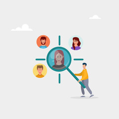 Manager with magnifying glass focuses on clients. Customer-centric marketing strategy for product and service development. Vector illustration.	
