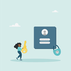 Strong password for cybersecurity, high account protection. Data confidentiality, locking key. Vector illustration.	
