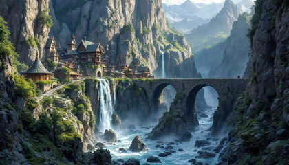 Fototapeta premium A quaint medieval village sits atop towering waterfall cliffs
