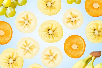 A pattern of floating fruit slices--bananas, pineapples, and grapes--against a bright blue sky, with copy space. 