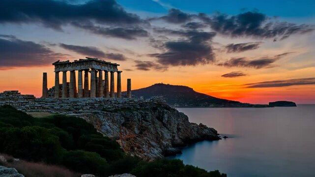 Stunning sunset over the Temple of Poseidon at Cape Sounion, Ancient Greek Temple of Poseidon on cape Sounion travel destination and landmark