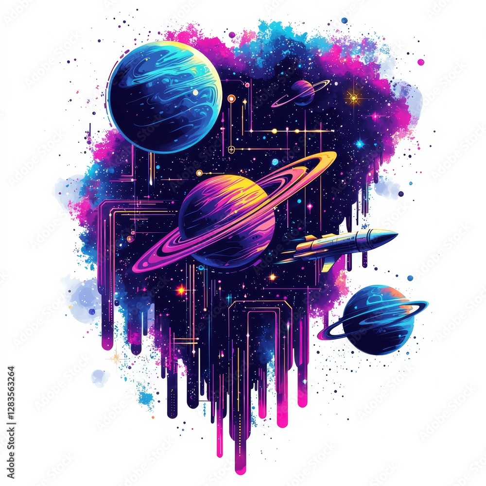 Poster celestial circuit: a vibrant digital illustration showcasing a cosmic scene where planets and spacec