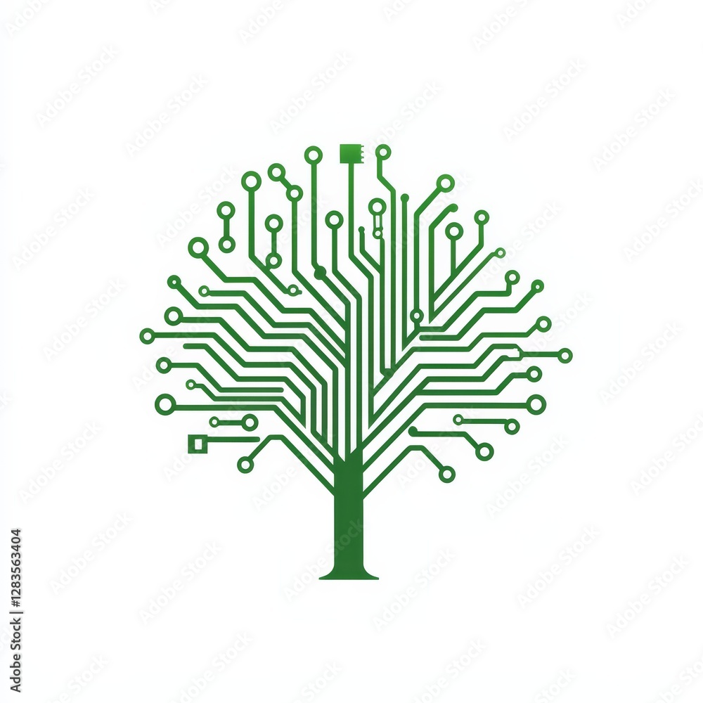 Poster digital ecology: a conceptual depiction of a tree composed of intricate circuit board pathways, embo