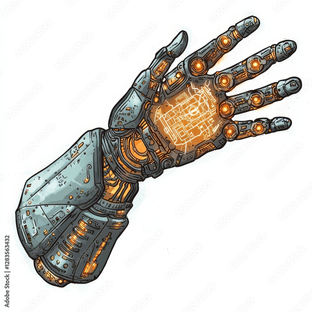 Poster cyborg hand: an artistic depiction of a futuristic cyborg hand, seamlessly blending metallic element