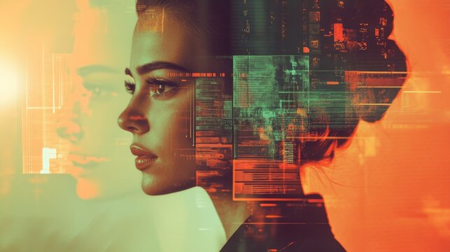 Woman s profile overlaid with digital code and abstract shapes