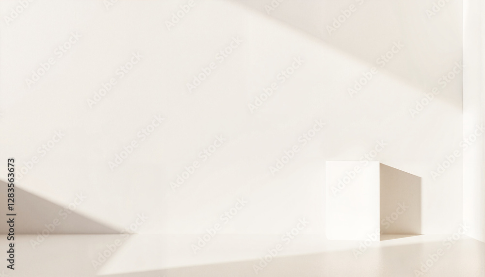 Poster minimalist white box casting soft shadows in bright space, spatial tranquility