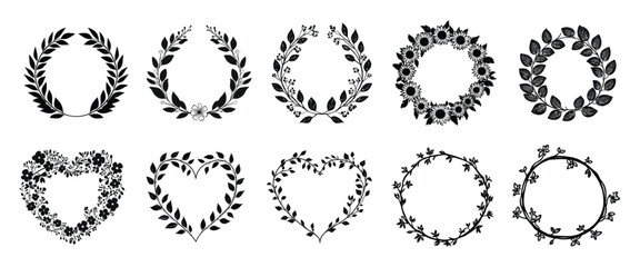 Elegant floral wreath designs isolated illustration, vector set