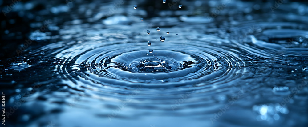 Poster water droplets creating ripples on a smooth blue surface with a dark background in a macro shot refl