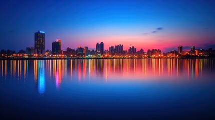 Fototapeta premium Cityscape twilight reflection, harbor, sunset, design