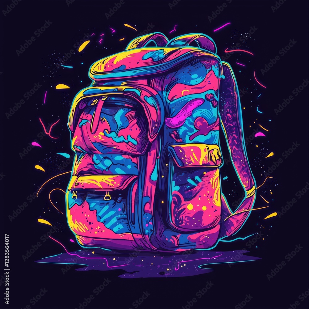 Poster vibrant backpack: a psychedelic artwork of a backpack explodes with colorful patterns against a dark