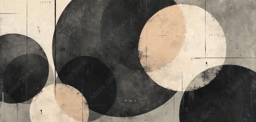 Aufkleber Vintage charcoal art with delicate blending hues in circle formations. Circles overlap creating 3-dimensional layered effect, texture adds depth. Circular design wallpaper art, illustration with