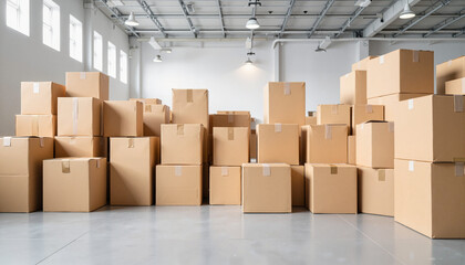 Neatly stacked moving boxes in bright warehouse space, commercial branding
