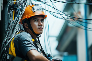 An electrician wearing a safety harness, carefully working on an electric pillar with high-voltage wires with copy space. 