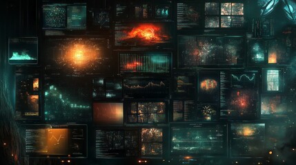 A multitude of screens displaying data and visualizations glow brightly