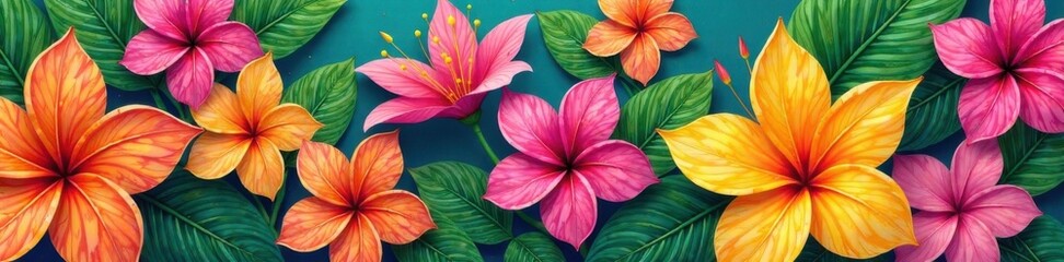 Fruity and colorful tropical flowers in a geometric pattern, colorful prints, funky wallpaper, whimsical art