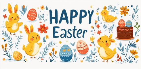 Fototapeta premium Happy Easter illustration with cute cartoon chicks, bunnies, and decorated eggs