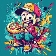 Pizza Lover's Delight: A vibrant illustration captures the pure joy of a pizza lover devouring a cheesy slice, surrounded by a splash of colorful artistry.