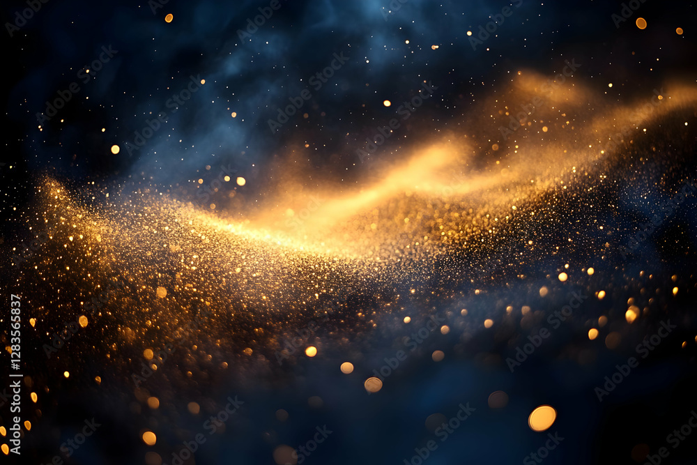 Poster abstract golden particle wave on dark blue background with bokeh effect creates a magical and festiv