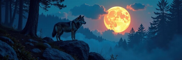Full moon illuminated forest with a wolf standing on a rocky outcropping, full moon, wolf, wildlife