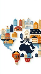 Franchise Growth & Brand Expansion Colorful map design with diverse buildings.