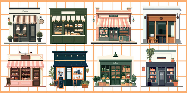 Charming storefronts illustration collection, isolated vector set