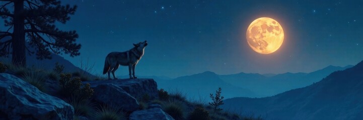 Full moon illuminates a lone wolf's howl in the desolate landscape, desert, solitary, wildlife