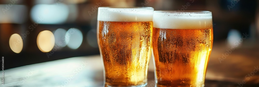 Poster refreshing beer glasses with golden liquid served in a lively bar during evening hours. generative a