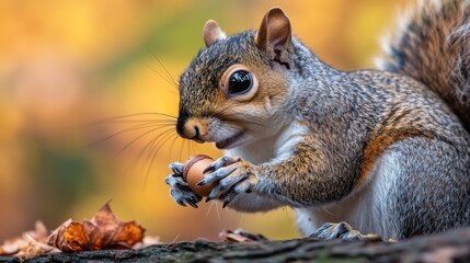 Fototapeta premium A playful squirrel enjoys its meal in a serene natural setting. Nature captures everyday moments beautifully. This image conveys warmth and connection. Generative AI