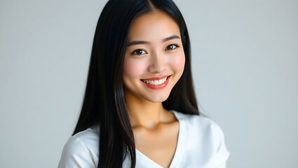 Obraz premium Smiling Asian Woman with Long Black Hair in White Top, Radiating Happiness and Positivity