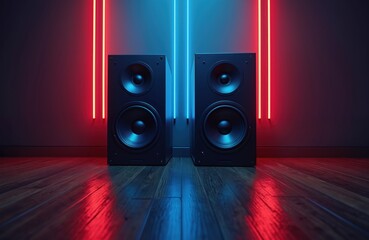 Photo of stereo speakers with colored neon lighting stands on the wooden floor in the dark. Audio equipment for listening digital music. Modern tech loudspeaker with vibrant illumination.