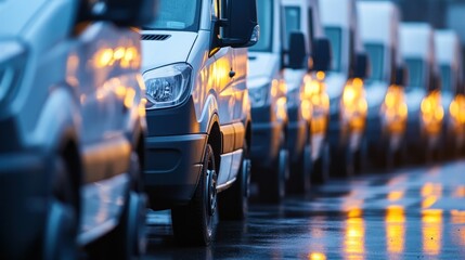 Fleet of Vans Parked in a Row on a Wet Night