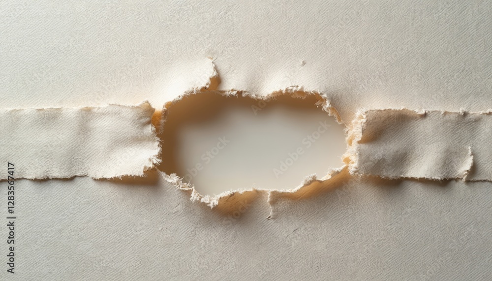 Aufkleber Torn paper with ragged edges. White rough paper with hole, creating overlay surface. Ripped canvas with space for text or image. Abstract design element, grungy vintage retro wallpaper.