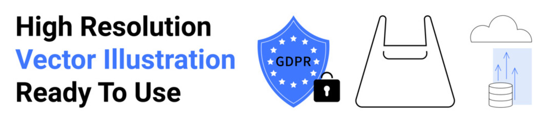 GDPR shield with padlock, data cloud with arrows, and shopping bag. Ideal for privacy, security, compliance, data storage, e-commerce cloud computing regulation. Great for flat landing page banner
