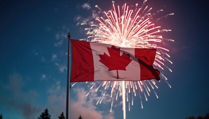 Canadian flag flutters against blue sky with Victoria Day fireworks. Banner features red maple leaf. National holiday celebration, patriotic symbol, festive mood for Canada Day promo video background.