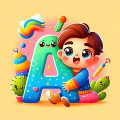 Obraz premium A smiling, friendly character next to a large, colorful letter 