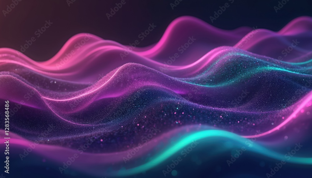 Poster neon glowing violet, green liquid waves abstract background. tech geometric design with shiny light.