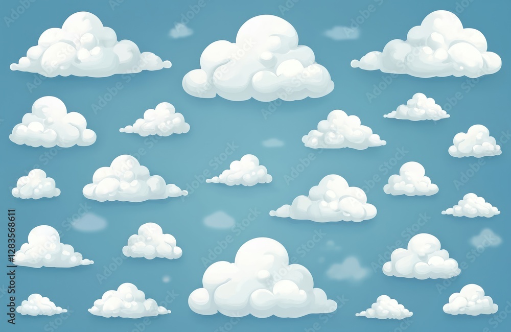 Poster illustration set of white clouds on blue sky backdrop. white fluffy cloud collection for weather for