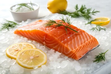 "Fresh salmon fillet with lemon and dill" &ndash; A raw salmon fillet with a vibrant orange color, placed on crushed ice with slices of lemon and sprigs of fresh dill. The background is bright and clean.