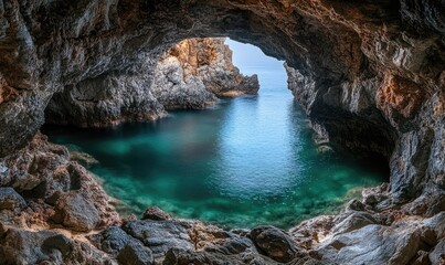 Coastal cave sea inlet view, tranquil waters